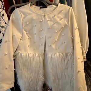 SHEIN Cream Pearl-Studded Teddy Jacket